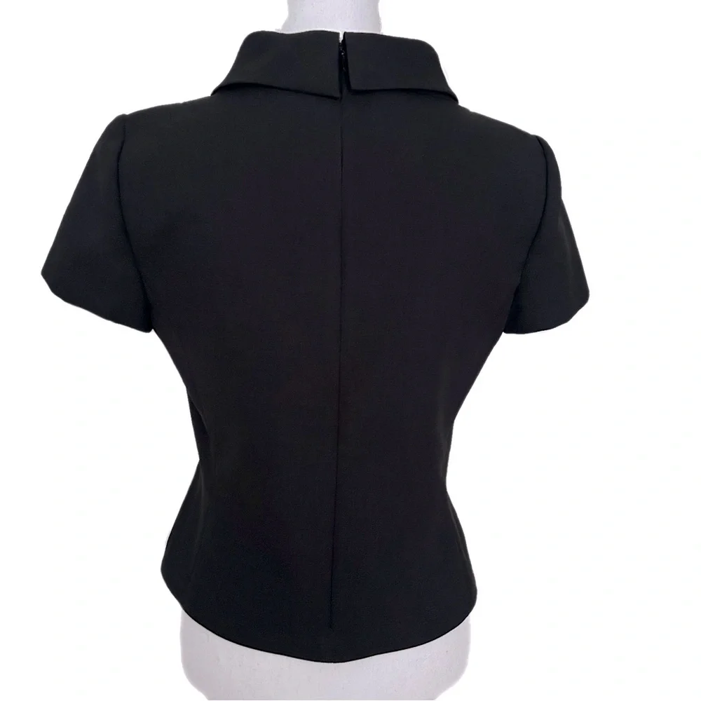Talbots Retro Black Blouse Top Roll Collar Lined Short Sleeves Hidden Back Zip 4 - Picture 3 of 7
